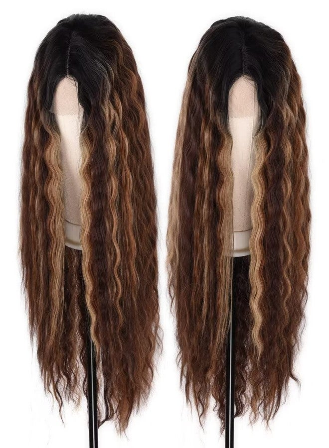 FEEL ME 28" Deep Wave Frontal Wig Long Synthetic Curly Wig Ombre Highlight Lace Front Wig for Women with Simulated Scalp Honey Blonde Loose Deep Curly Lace Wigs Middle Part for Daily Use R6/6A/27S - Image 4